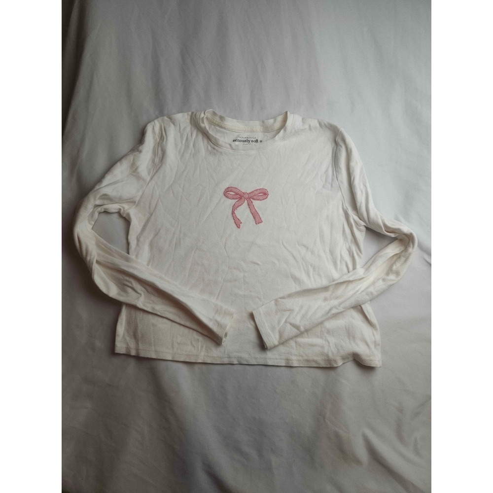 Aeropostale‎ Seriously Soft White Baby Tee Long Sleeve Pink Bow Graphic XL